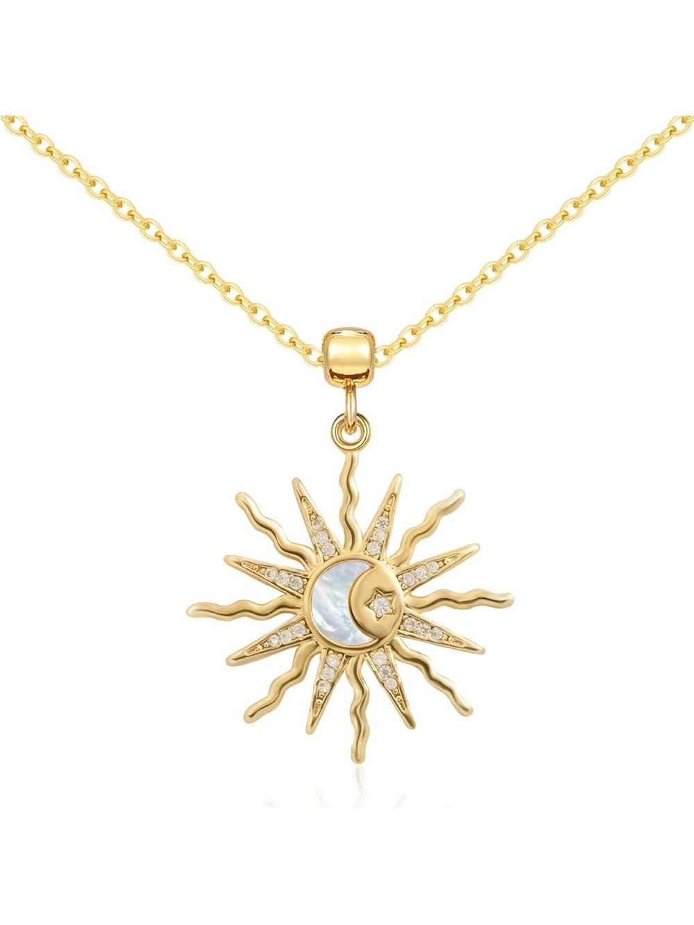 Celestial 14K Gold Plated Sun & Moon Pendant Necklace with Mother of Pearl
